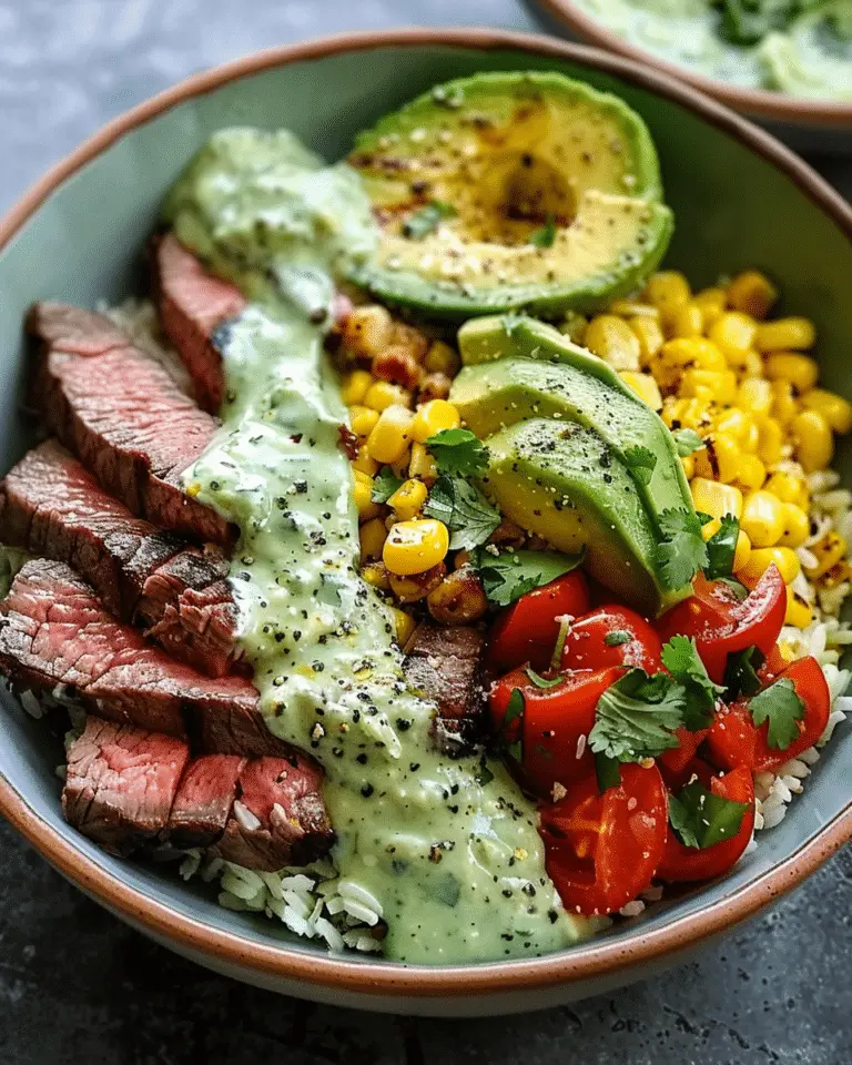 Steak Avocado Roasted Corn Bowl with Cilantro Cream Sauce