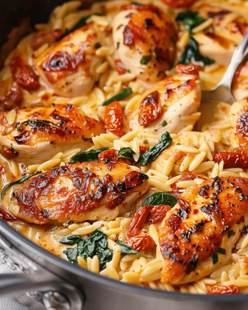 One-Pot Creamy Sun Dried Tomato Chicken Orzo (30-Minute Dinner)