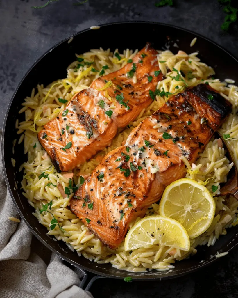 Pan-Fried Salmon with Creamy Lemon Orzo