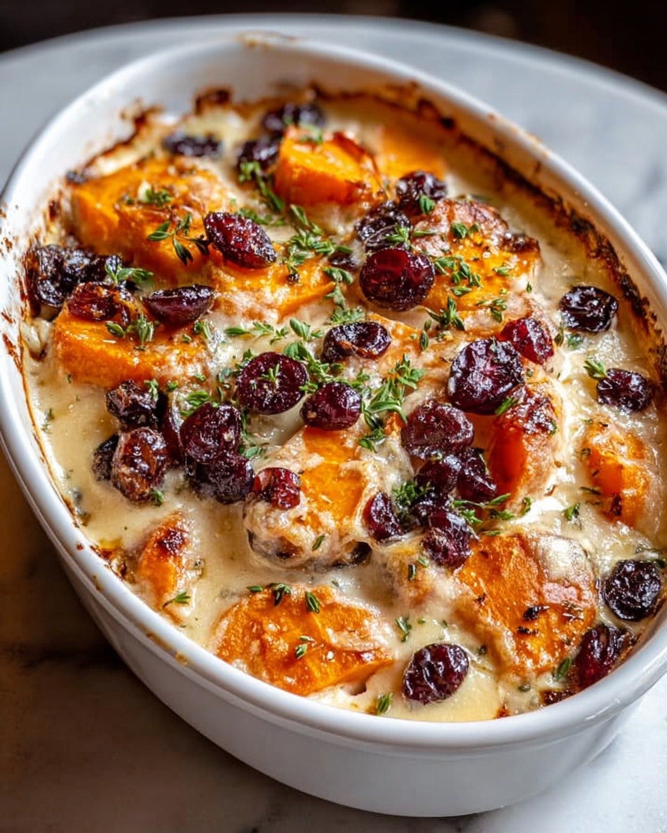 This image shows a white oval dish filled with a baked mixture of orange sweet potato chunks layered with a creamy white sauce and topped with dark red dried cranberries scattered evenly on top. Small green herbs are sprinkled over the surface, adding color contrast. The edges of the creamy sauce appear slightly browned, showing it has been baked. The dish is placed on a white marbled surface. Photo taken with an iphone --ar 4:5 --v 7
