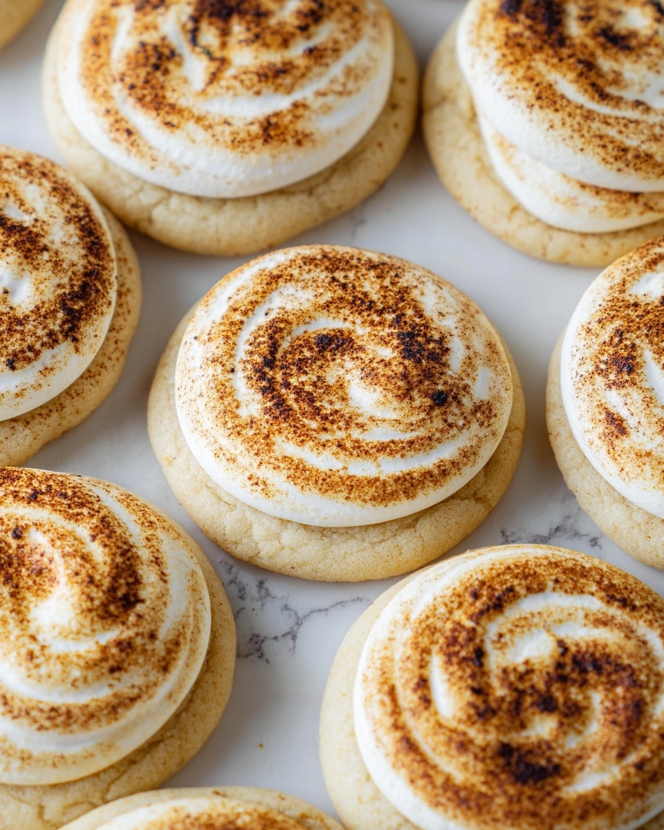 The image shows several round cookies arranged close to each other on a white marbled surface. Each cookie has two layers: the bottom layer is a soft, pale beige cookie base with a smooth texture, while the top layer is a white, swirled frosting that looks creamy and fluffy with brown toasted spots evenly spread across the surface, giving a slightly burnt look. The cookies are uniformly sized and positioned, filling the frame with their warm tones and soft textures. Photo taken with an iphone --ar 4:5 --v 7