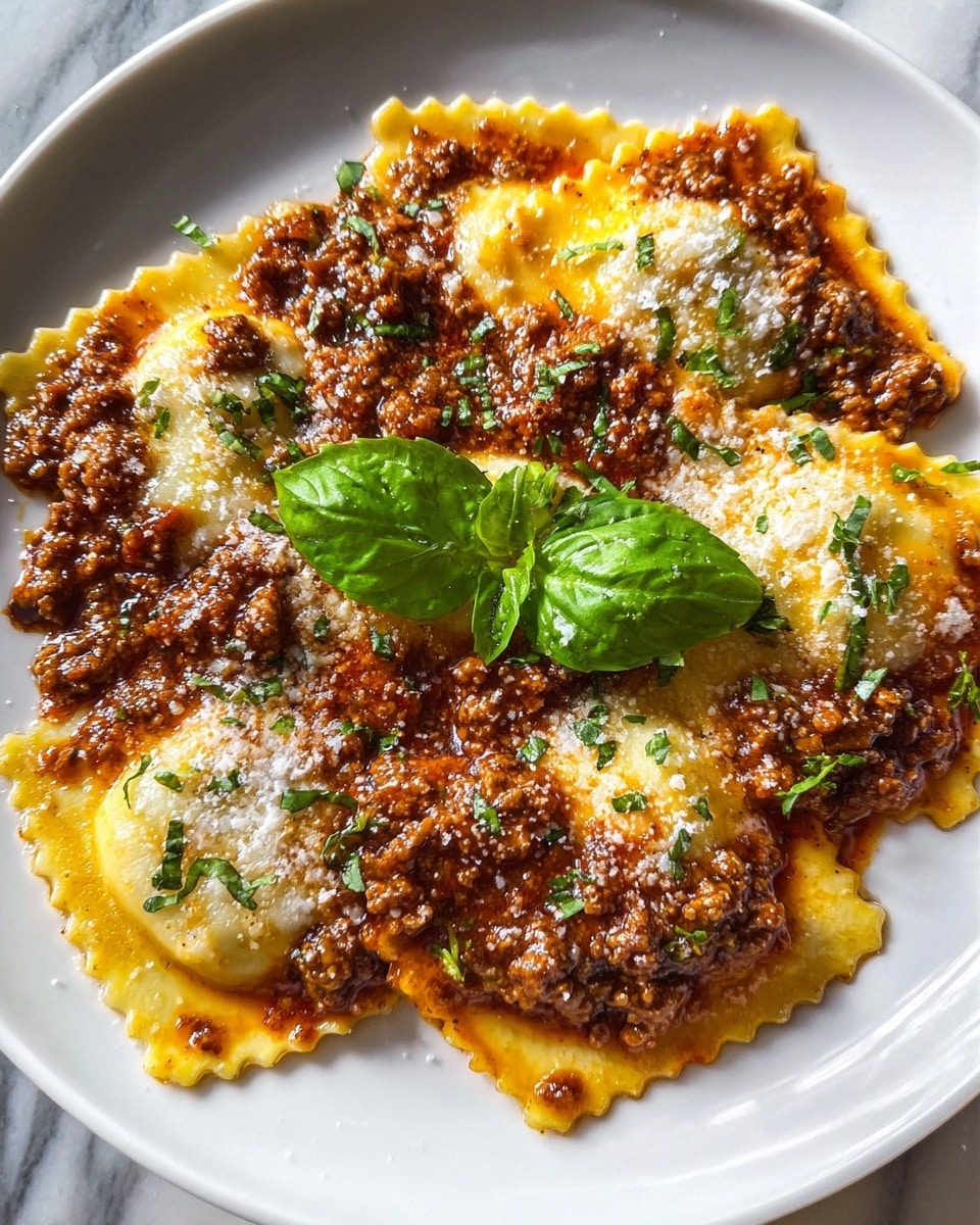 A white plate holds five large ravioli pieces with scalloped edges, covered in a rich brown meat sauce with visible chunks of ground meat. The ravioli are coated partly with melted white cheese and sprinkled with finely grated cheese and small pieces of green herbs. On top, two fresh, bright green basil leaves sit in the center. The sauce, cheese, and herbs create a textured look over the yellow pasta, and the plate rests on a white marbled surface. Photo taken with an iphone --ar 4:5 --v 7