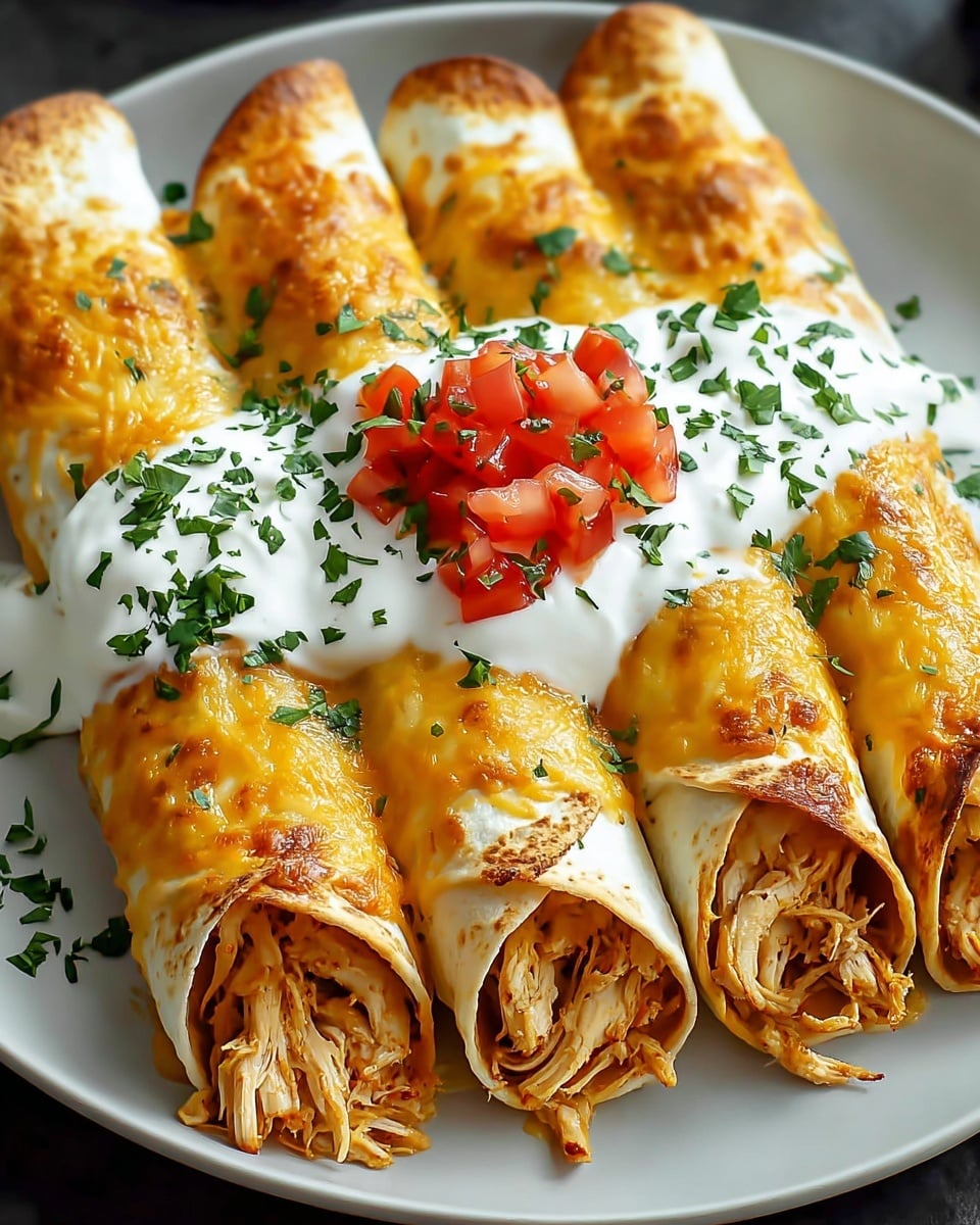 The image shows four rolled tortillas filled with shredded chicken placed side by side on a white plate. Each tortilla is topped with melted golden-brown cheese, giving a bubbly texture. In the center of the tortillas, there is a layer of white sour cream with a small pile of diced red tomatoes on top. Green chopped herbs are sprinkled over the sour cream, tortillas, and the plate for garnish. The background is a white marbled surface. Photo taken with an iphone --ar 4:5 --v 7