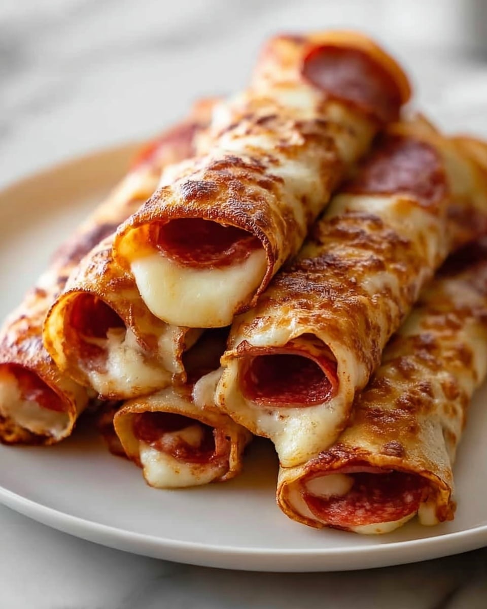 Three rolled baked dishes sit side by side on a white plate. Each roll has a base layer of soft dough filled with rich red tomato sauce and melted cheese, creating a moist and textured center. The top layer is thick, bubbly, and golden melted cheese sprinkled with small dark herbs. Each roll is decorated with two shiny, red pepperoni slices, one at each end. The white plate rests on a white marbled surface. The focus is close up, showing the melted cheese texture and the pepperoni glistening clearly. Photo taken with an iphone --ar 4:5 --v 7
