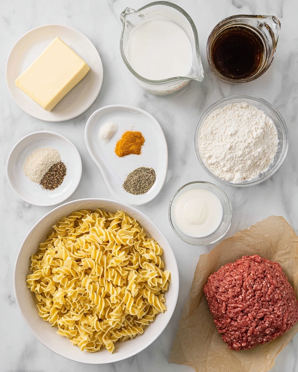 The image shows ingredients arranged neatly on a white marbled surface. In the center, a white bowl is filled with yellow dry egg noodles that have a twisted shape. Surrounding it, starting from the top left, there is a white plate with a stick of light yellow butter, a white plate with four small piles of spices including white, orange, black, and off-white colors, a white bowl containing beige flour, a glass measuring cup filled with white milk, a white bowl with a small amount of white sour cream or yogurt, a glass measuring cup holding dark brown broth, and at the top right corner, a white plate lined with brown parchment paper holding raw ground beef in a reddish-brown color. The whole setting looks clean and organized. photo taken with an iphone --ar 4:5 --v 7