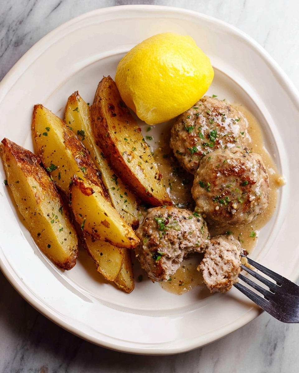 The image shows a close-up of a pan filled with about twelve round, golden-brown meat patties cooking in a thick, creamy yellow sauce. Each patty has a browned, slightly rough texture on top with visible herbs and spices, and the sauce surrounds them with a smooth surface speckled with black pepper. A silver spoon is placed on the right side, partly submerged, stirring the sauce gently. The overall look is warm and rich, with a comforting and hearty feel. The pan is metallic and rests on a white marbled surface. photo taken with an iphone --ar 4:5 --v 7