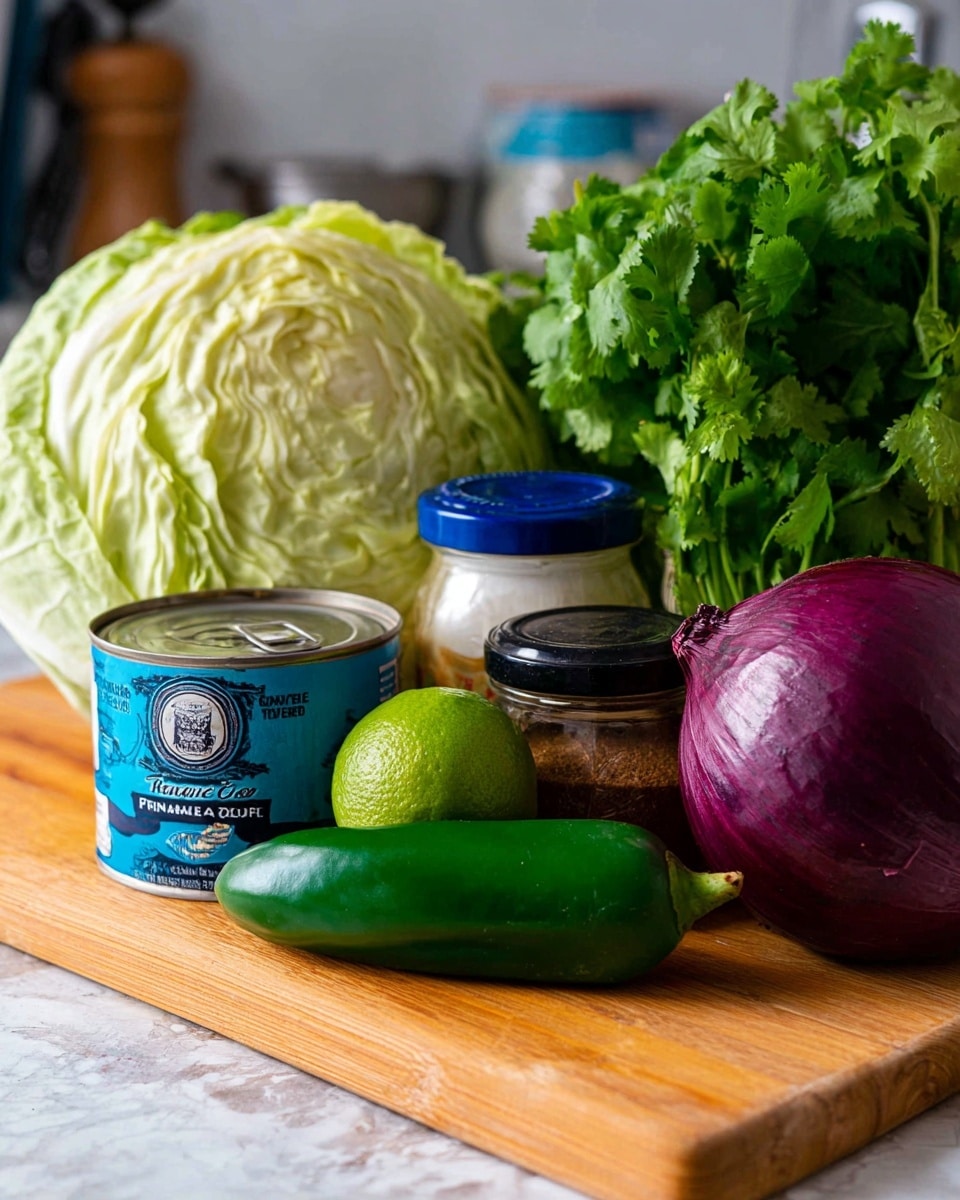 A group of fresh ingredients sits on a wooden cutting board with a white marbled background. On the left, a whole light green cabbage with layered, crinkled leaves rests next to a bunch of bright green cilantro, its small leaves and thin stems spread widely. In front of the cilantro is a shiny, smooth lime with a deep green color and beside it, a green jalapeño pepper with a glossy surface and light green tip. To the right, a round, dark purple-red onion with a smooth skin stands next to a white jar topped with a blue lid, and in front of that, a small brown spice container with a black lid. In the very front, a blue tin can of pineapple tidbits with a pull tab is positioned clearly. Photo taken with an iphone --ar 4:5 --v 7