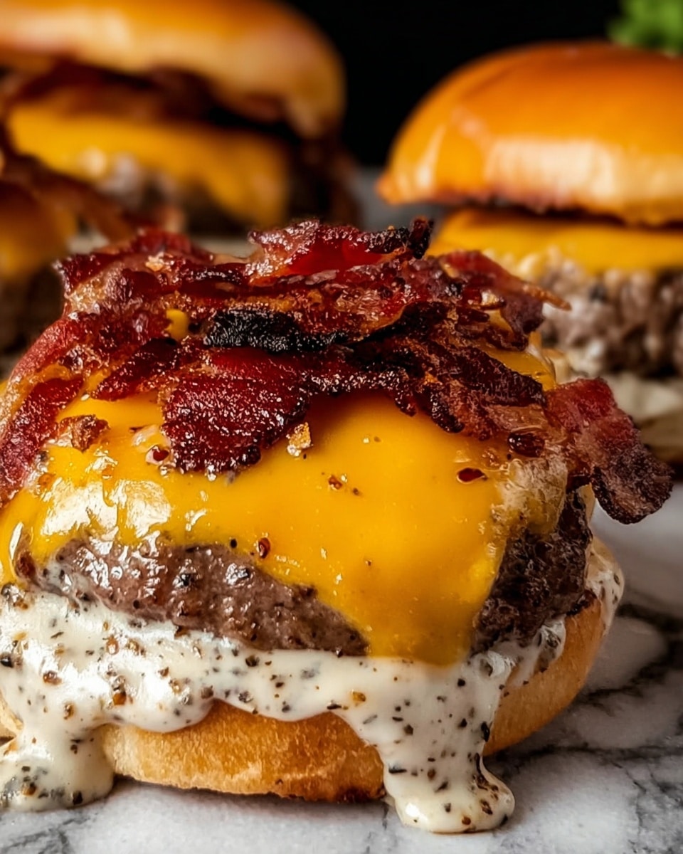 A close-up view of a burger showing three main layers: at the base, a lightly toasted bun is covered with a creamy, white sauce with black pepper specks dripping around the edges. On top of this is a juicy, browned beef patty, followed by a thick, melted, bright orange cheddar cheese layer that spreads fully across the patty. The top layer is crispy, dark red-brown bacon strips placed unevenly on the melted cheese. The background is a white marbled texture with parts of other similar burgers faintly visible. Photo taken with an iphone --ar 4:5 --v 7