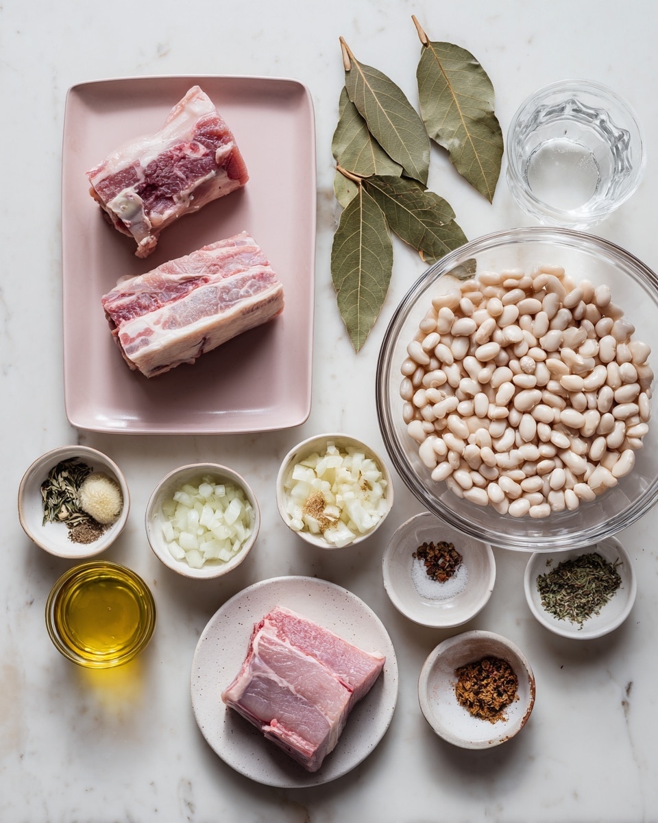 The image shows various ingredients neatly arranged on a white marbled surface. In the center, there is a pinkish-white rectangular plate holding two pieces of raw meat with a bone inside. To the right, a large clear glass bowl is filled with white beans. Below the bowl, a small white plate holds a piece of raw pork. Around these main items, several small white bowls contain different ingredients: chopped white onions, finely minced garlic, a mix of dried herbs and spices, and salt with pepper. On the left side, there is a small clear glass container with golden olive oil. Two dried bay leaves are placed near the glass bowl of beans, and a clear glass of water is visible in the top right corner. The photo was taken with an iphone --ar 4:5 --v 7