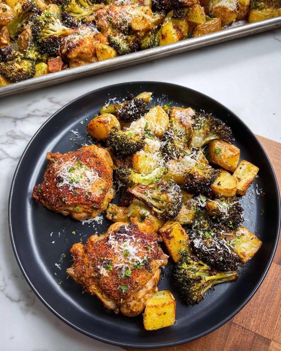 On a white plate resting on a white marbled surface, there are two pieces of golden-brown cooked chicken with visible char marks and sprinkled with finely chopped green herbs and white grated cheese. Beside the chicken, there is a mix of small roasted potato pieces, golden yellow with light browning on the edges, and green broccoli florets that are slightly charred, all scattered evenly. The whole dish has a warm, rustic feel with a light sprinkle of white grated cheese and herbs scattered over the vegetables and chicken. photo taken with an iphone --ar 4:5 --v 7