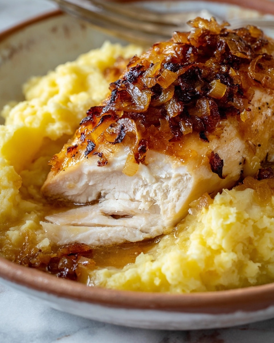 The image shows a close-up of a cooked chicken breast with a crispy, golden-brown top layer covered in small pieces of caramelized onions. The chicken is partially sliced to reveal tender, white meat inside. The sliced chicken rests on a bed of yellow, creamy mashed potatoes with a soft and slightly textured surface. All of this is placed inside a white plate on a white marbled surface. The image is bright and detailed, focusing on the texture and colors of the food photo taken with an iphone --ar 4:5 --v 7