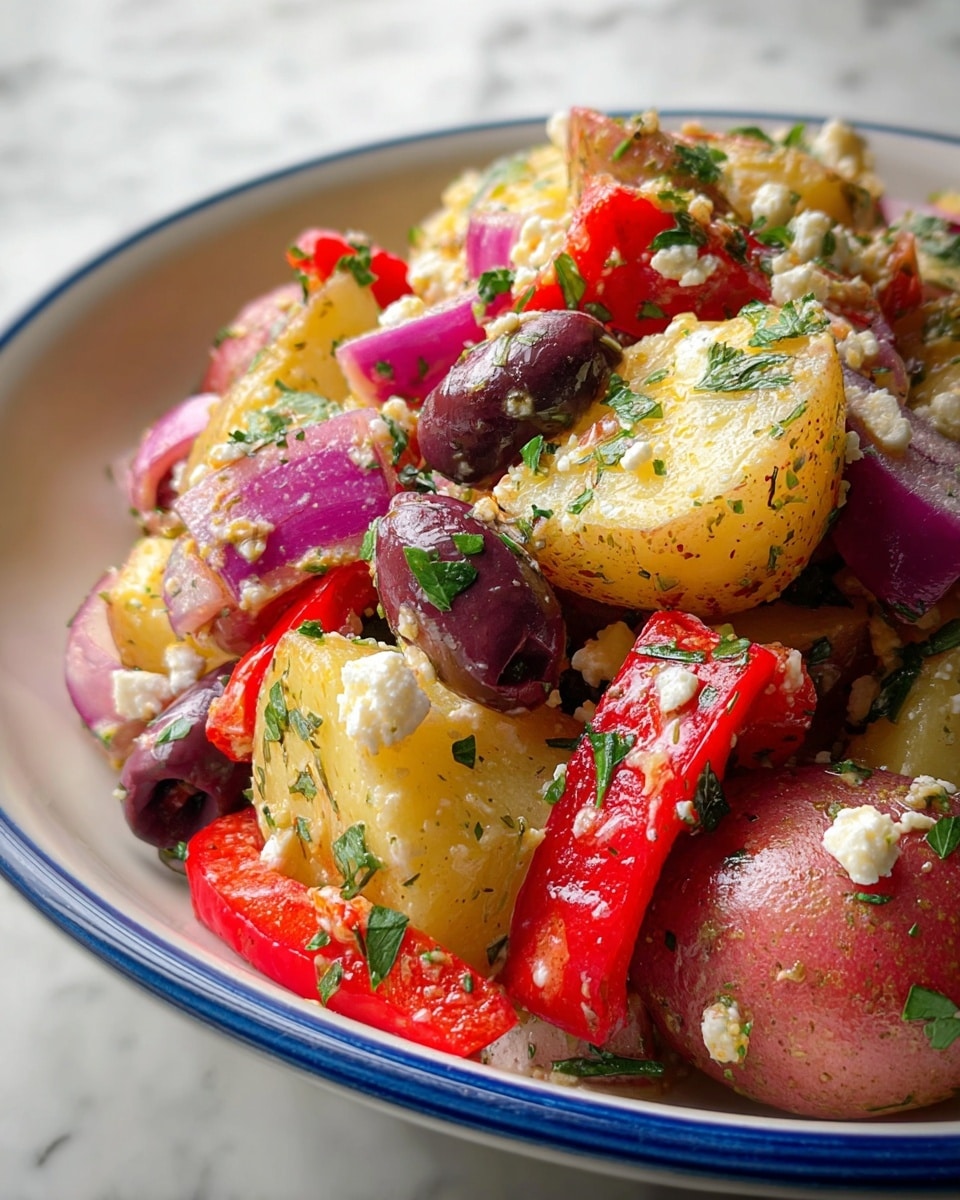 A white plate holds a colorful salad made of about three layers: the bottom layer is whole small yellow potatoes with a smooth, slightly shiny texture, scattered evenly; on top, there are bright red cherry tomatoes, some whole and some halved, mixed with thin, curved slices of purple-red onion; the top layer has dark purple black olives and small white crumbles of feta cheese, all sprinkled with finely chopped green herbs and black pepper. The salad looks fresh and vibrant, sitting on a white marbled surface. photo taken with an iphone --ar 4:5 --v 7