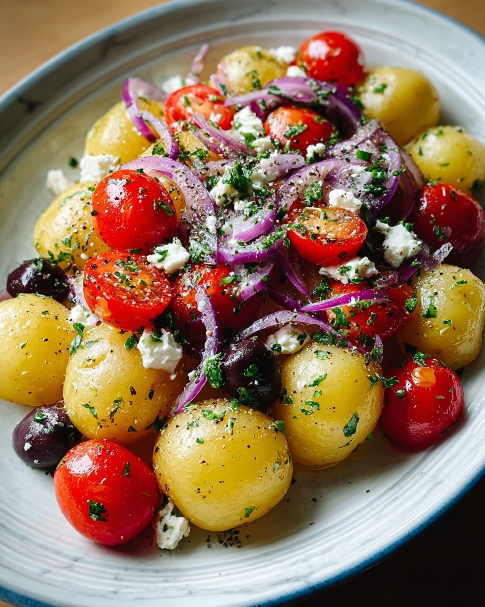 A close-up of a potato salad served in a white bowl with a blue rim, placed on a white marbled surface. The salad has three main layers: the base layer is boiled potato halves and quarters, with red skins and creamy yellow interiors; the middle layer has chunks of red bell pepper and purple onion slices adding bright red and violet colors; the top layer includes dark purple olives with a shiny texture sprinkled with small white crumbles of cheese and chopped green herbs for freshness. The ingredients appear coated with light oil and seasoning, giving a slightly glossy look. Photo taken with an iphone --ar 4:5 --v 7