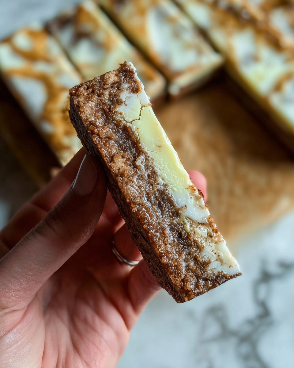 A close-up of a rectangular bar held by a woman's hand, showing two main layers: a glossy light cream layer on top with slight cracks and a rough, crumbly brown layer beneath; the background shows more similar bars on a white marbled surface, blurred softly. Photo taken with an iphone --ar 4:5 --v 7