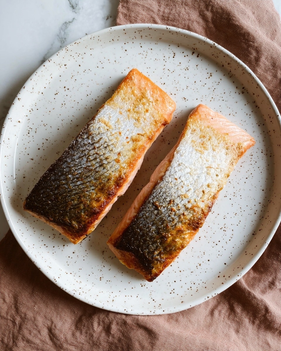 Two pieces of cooked salmon lie flat side by side on a white speckled round plate. Each piece shows a crispy golden-brown skin on top with slight scales texture, while the bottom side reveals the soft pink fish. The plate rests on a soft brown cloth on a white marbled surface. photo taken with an iphone --ar 4:5 --v 7