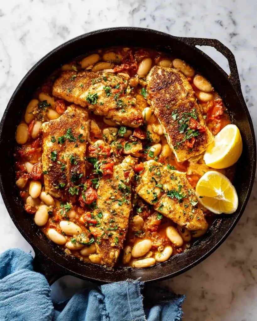 One Pan Blackened Cod with Tomato and White Bean Sauce Recipe