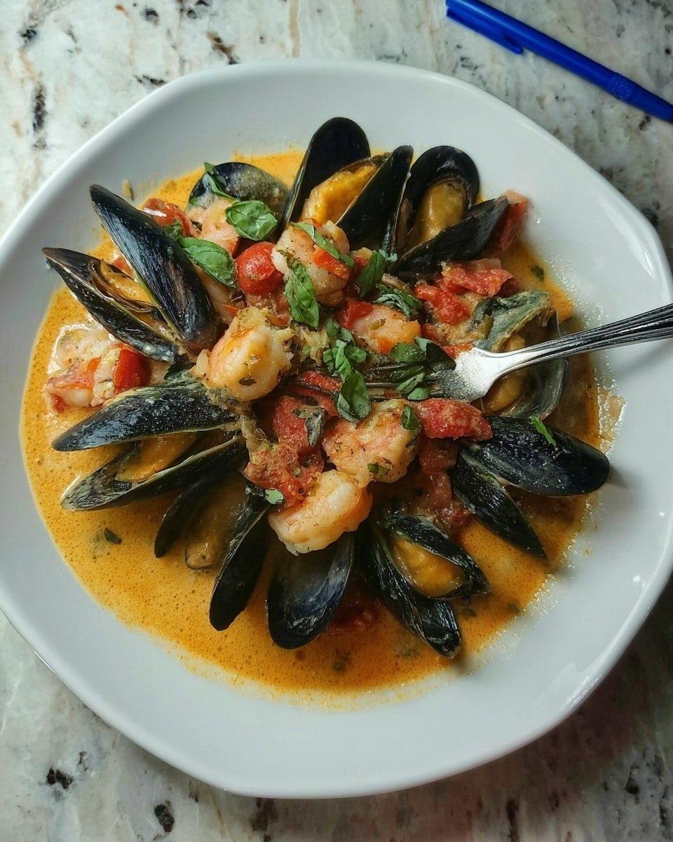 A round white plate filled with a seafood dish consisting of black mussels arranged around the outer edge, showing their yellow-orange meat inside their shells. Inside the ring of mussels are several pieces of white shrimp mixed with red tomato pieces and fresh green basil leaves on top. The dish is covered in a creamy orange sauce that pools slightly at the base, giving a rich texture. A silver fork rests atop the food, partially embedded in the sauce, and the plate is set on a white marbled surface. A blue pen is seen near the top right corner. Photo taken with an iphone --ar 4:5 --v 7
