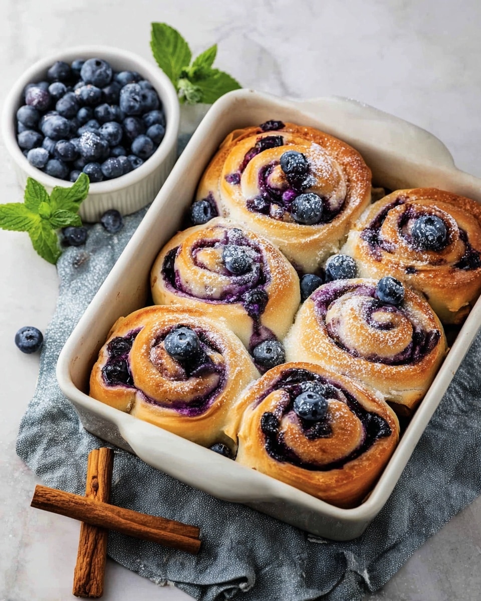 A white baking dish filled with six golden brown blueberry rolls, each roll having swirled layers of soft dough with dark purple blueberry filling visible in between. The blueberries are juicy and some are on top, with a light dusting of white powdered sugar. The dish sits on a light gray cloth on a white marbled surface. Nearby, there is a small white bowl filled with fresh blueberries and a green mint leaf for decoration, with cinnamon sticks laying to the side. The photo taken with an iphone --ar 4:5 --v 7