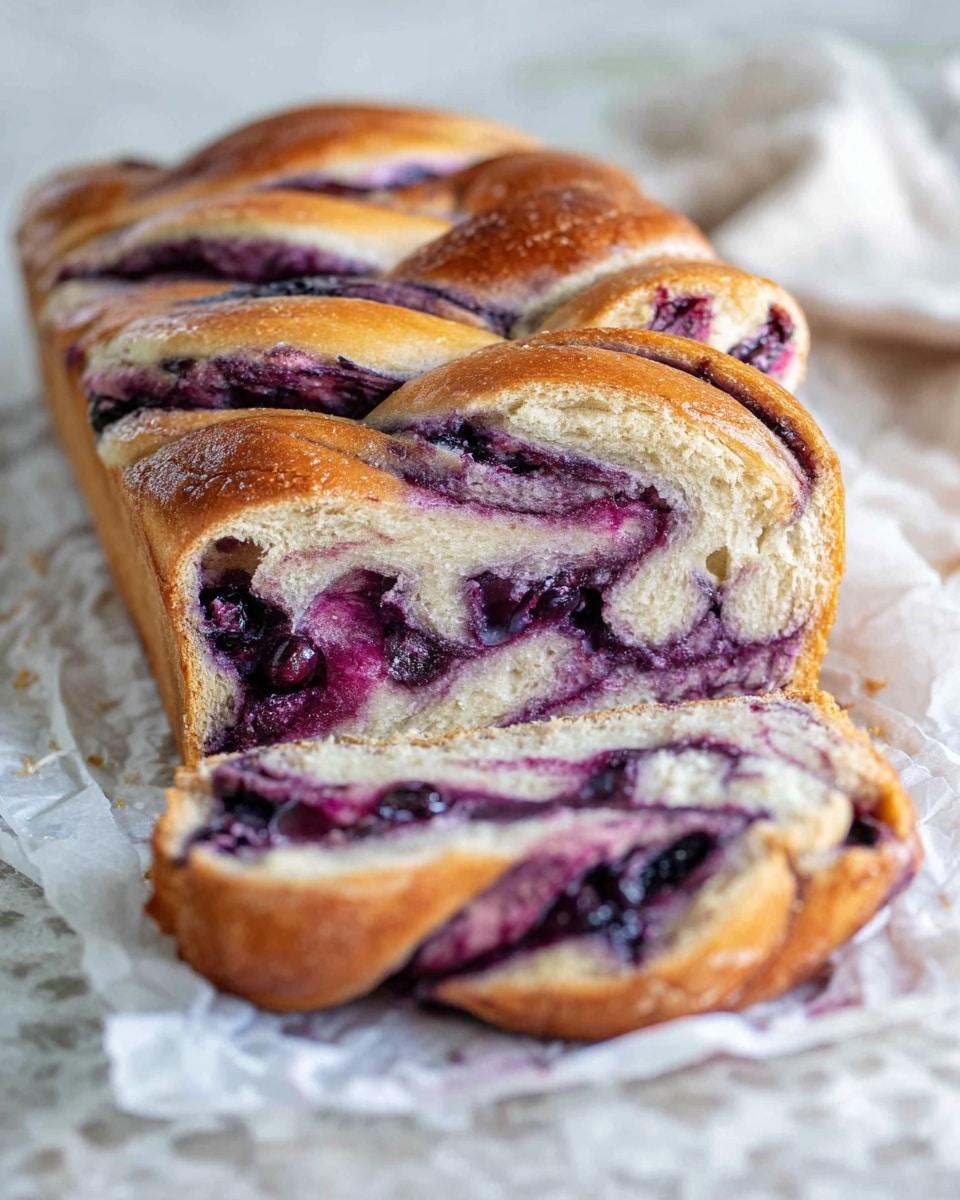 The image shows a braided loaf of bread with three visible thick twisted layers, filled with a deep purple blueberry filling that swirls through the soft, light beige dough. The top crust is golden brown and slightly shiny, with parts of the purple filling peeking out from between the twists. The loaf is sliced at the front, revealing the marbled pattern of purple and beige inside, with some chunks of whole blueberries embedded in the filling. The bread rests on white parchment paper on a white marbled surface, and the background is softly blurred. photo taken with an iphone --ar 4:5 --v 7