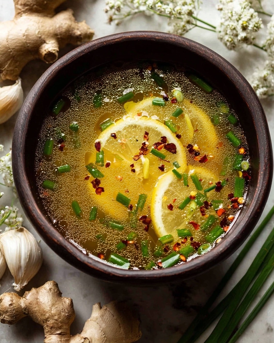 A dark brown bowl filled with a clear yellow broth with tiny bubbles on the surface. The soup has thin lemon slices floating near the top, bright green thinly sliced scallions spread across, and small red chili flakes sprinkled over it. The bowl is placed on a white marbled surface, surrounded by whole garlic bulbs, fresh ginger roots, and small white flowers with green stems. Photo taken with an iphone --ar 4:5 --v 7