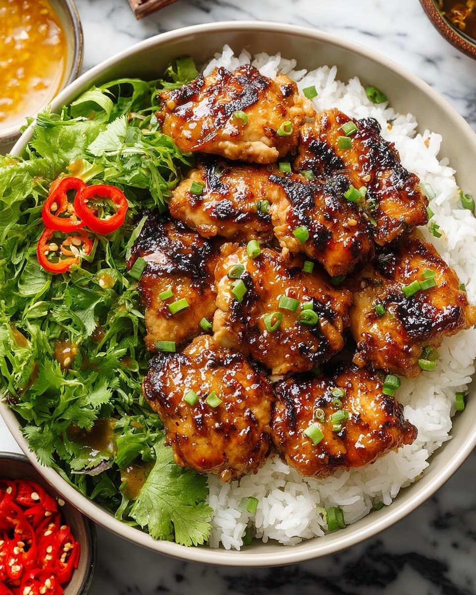 A white bowl filled with a base layer of fluffy white rice, topped with glossy, golden-brown grilled chicken pieces arranged neatly in the center. The chicken is coated in a shiny glaze with char marks and sprinkled with small green onion slices. On one side of the bowl, there is a fresh, vibrant mix of green leafy lettuce and cilantro, with a few bright red chili slices placed on top. The bowl is placed on a surface with a white marbled texture, and two small bowls, one with red chili pieces and the other with a yellowish sauce, are partially visible around it. Photo taken with an iphone --ar 4:5 --v 7