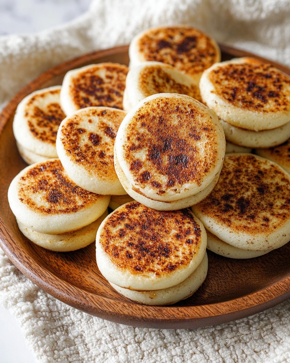 A wooden plate filled with about twelve small, round English muffins stacked closely together. Each muffin has a golden-brown toasted top with a slightly uneven, speckled texture showing spots of darker brown. The muffins have a light cream color under the toasted part and appear soft with a slightly thick edge. The plate sits on a white marbled surface with a cream-colored textured cloth beneath it. Photo taken with an iphone --ar 4:5 --v 7