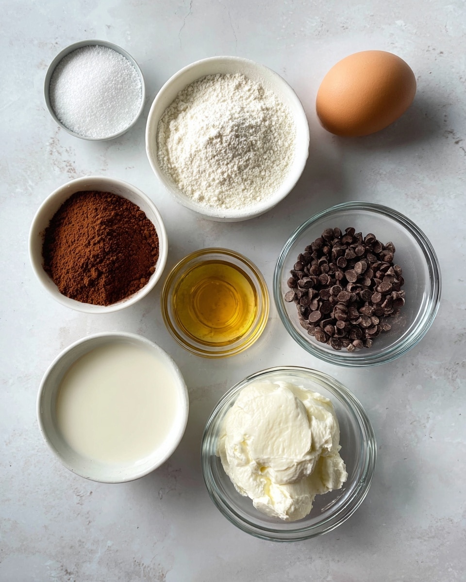 The image shows seven ingredients arranged on a white marbled surface. There is one brown egg placed near the top right. Around it are small white bowls and clear glass bowls containing white granulated sugar, flour, cocoa powder, and thick white cream. There is also a small clear bowl with milk and another tiny clear bowl with a golden liquid, likely vanilla. A small glass bowl on the right holds dark chocolate chips. All items are neatly spaced and clearly visible. Photo taken with an iphone --ar 4:5 --v 7