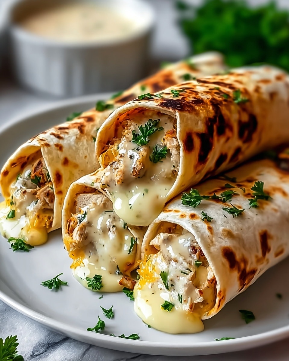 Three grilled tortillas wrapped into rolls lie closely on a white plate set on a white marbled surface. Each roll shows one end open, filled with layers of crispy light brown cooked chicken and melted creamy yellow and white cheese sauce that oozes slightly from the ends. The tortillas have warm brown grill marks and are sprinkled with fresh green parsley leaves for decoration. In the background, there is a blurred white bowl with a creamy sauce and some leafy green herbs. photo taken with an iphone --ar 4:5 --v 7