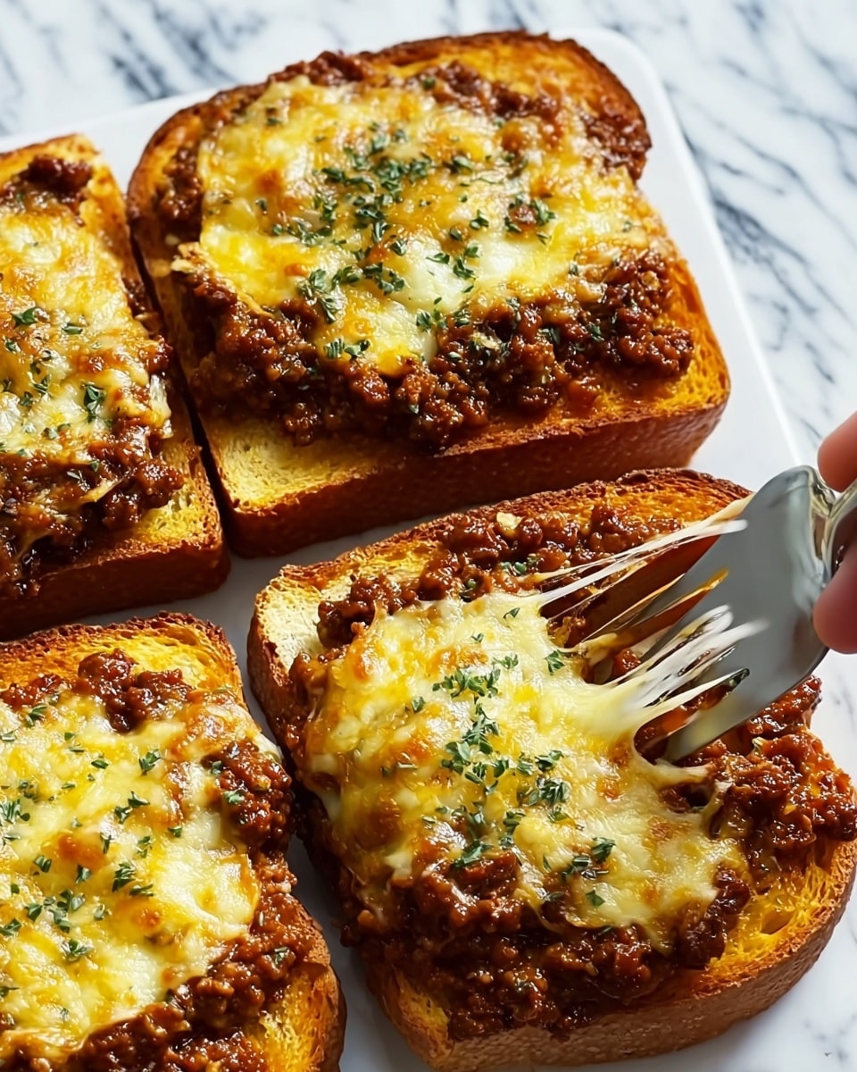 The image shows four slices of toasted bread placed closely together on a white marbled surface. Each slice has three visible layers: the bottom layer is thick, golden toasted bread with a slightly crispy edge; the middle layer is a rich, brown minced meat sauce that looks chunky and moist, spread evenly; the top layer is melted cheese, golden yellow and white, bubbling slightly with herbs sprinkled over it for a fresh green contrast. A silver fork held by a woman's hand is gently pressing into the cheese on the closest slice, showing the stretchy texture of the cheese. photo taken with an iphone --ar 4:5 --v 7