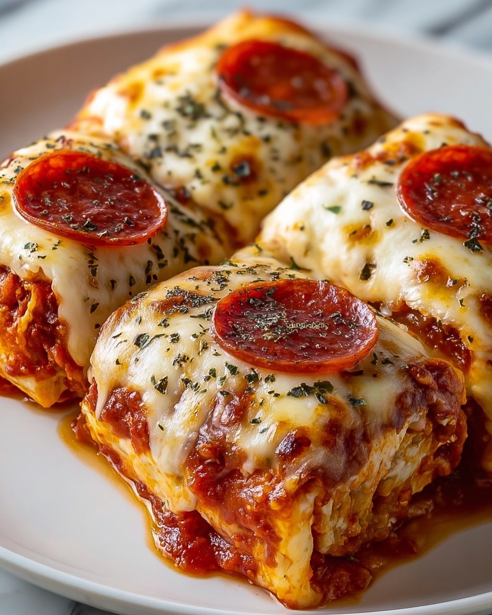 The image shows five rolled crepes stacked on a white plate, each filled with melted cheese and slices of pepperoni visible at the open ends. The crepes have a golden-brown top layer with melted cheese that has browned slightly, giving a crispy texture. The melted cheese inside is creamy white, mixed with the deep red pepperoni slices peeking through. The crepes are arranged closely, with the focus on the front ones while the others blur softly in the background. The setting is on a white marbled surface, adding a clean, bright look to the image photo taken with an iphone --ar 4:5 --v 7