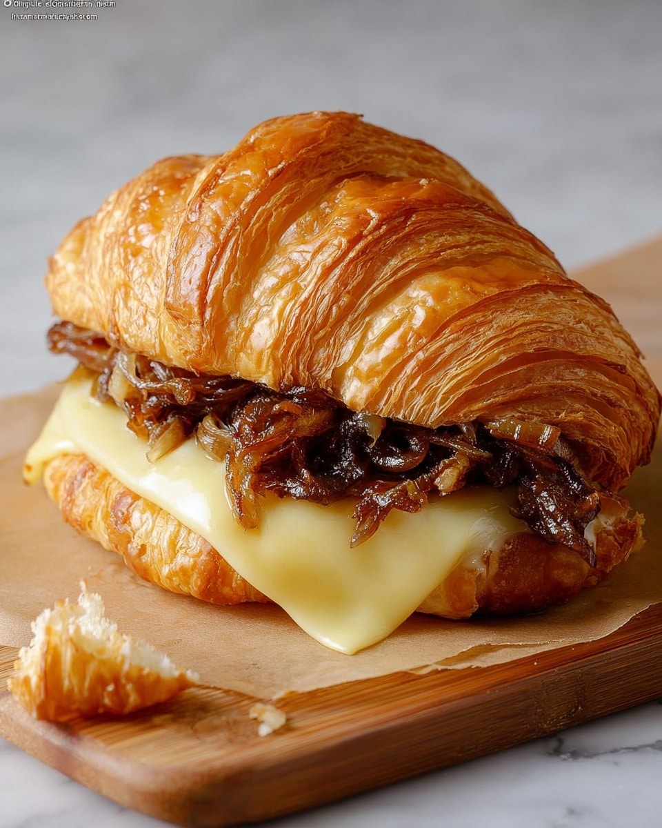 A croissant burger is shown on a wooden board placed on a white marbled surface. The burger has three main layers: the top layer is a golden brown, flaky croissant with visible folds and a shiny texture; the middle layer contains dark brown, caramelized onions scattered unevenly, adding a glossy and slightly wet look; the bottom layer is a smooth, melted light yellow cheese that drapes softly over the base filled by the croissant’s inner flaky texture. There are some crumbs around the sandwich, including a small piece broken off to the side. photo taken with an iphone --ar 4:5 --v 7