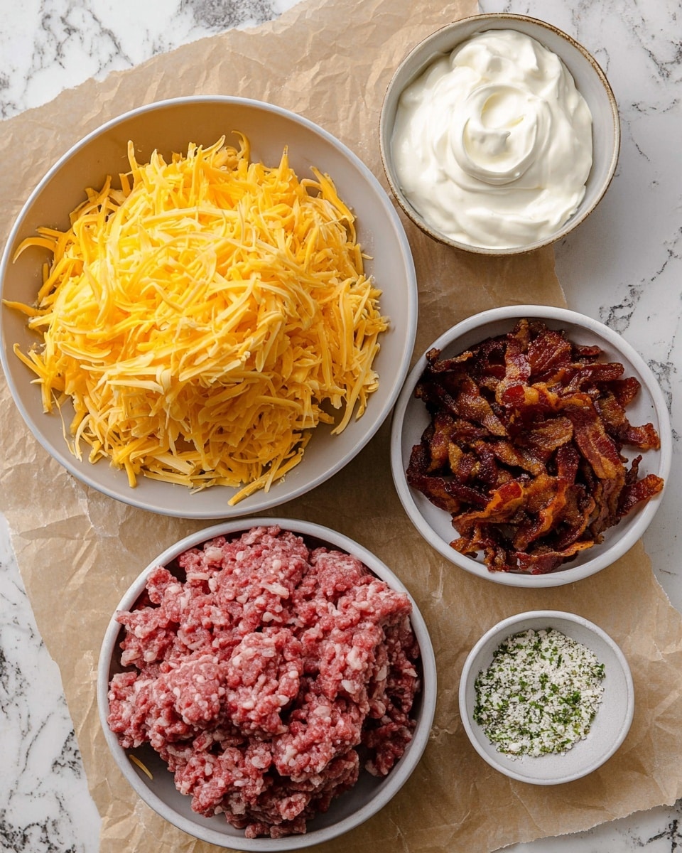 The image shows four bowls on a white marbled surface with a large piece of crumpled parchment paper underneath. The biggest bowl, light gray in color, is filled with a large pile of shredded bright yellow cheese with thin, long strands. Next to it is a smaller white bowl containing crispy, finely chopped bacon pieces that are dark brown with some lighter crispy edges. Beside these bowls is a pile of raw ground meat, pinkish red with white fat mixed in, directly placed on the parchment paper. At the top, two small round bowls sit side by side; one contains smooth, thick white sour cream with a slight swirl texture on top, and the other is filled with a white powder mixed with green herbs. Photo taken with an iphone --ar 4:5 --v 7