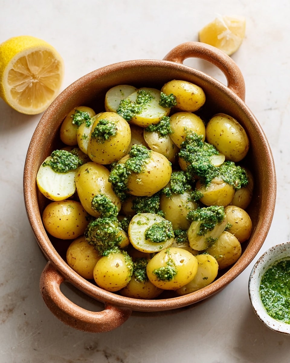 A light brown bowl with handles holds about two layers of small yellow baby potatoes, some whole and some cut in half. On top and between the potato layers are patches of green pesto sauce with a coarse texture. The bowl sits on a white marbled surface, near a half lemon and a small white bowl with extra pesto sauce inside. The photo is taken with an iphone --ar 4:5 --v 7