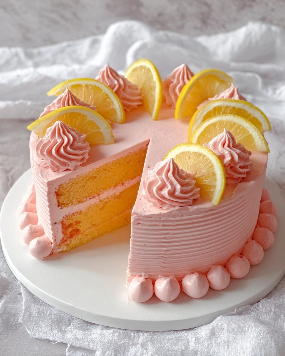 A round cake with two thick orange layers separated by a thin light pink cream filling. The outside is covered in smooth pink frosting with horizontal ridges on the side. Around the base are small rounded dollops of the same pink frosting. On top, there are six evenly spaced light pink swirls, each topped with a fresh lemon slice showing bright yellow peel and juicy interior. One slice is removed from the cake, showing the inside layers clearly. The cake sits on a white cake board placed on a white marbled textured surface with a white soft cloth nearby. Photo taken with an iphone --ar 4:5 --v 7