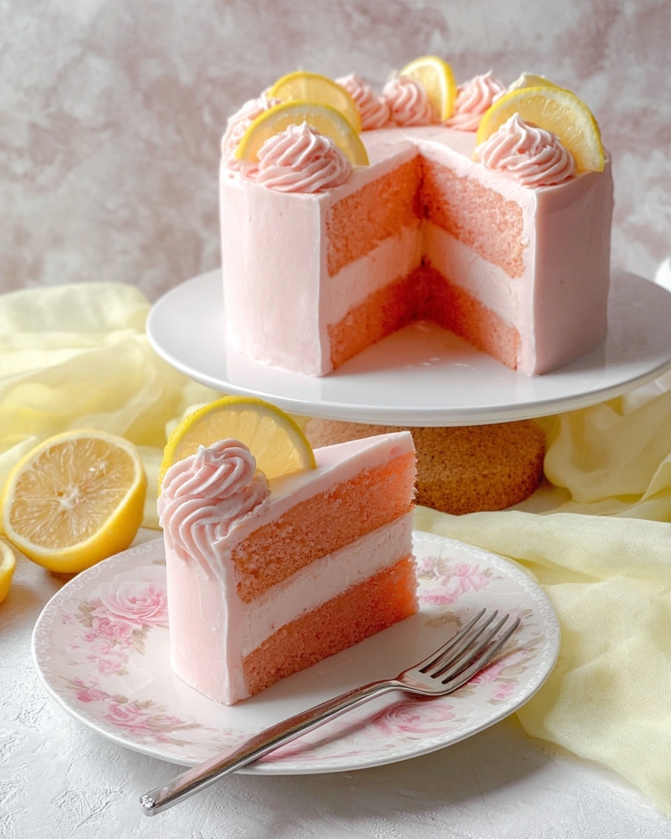 The image shows a two-layer pink cake with smooth light pink frosting covering the whole cake. Each cake layer is a soft peachy pink with a thin lighter pink frosting layer in the middle. The top is decorated with small swirls of light pink frosting and lemon wedges placed between the swirls. The cake is on a white plate with a cork base, set on a white marbled textured background covered partly with a light yellow cloth. In front, a single slice of cake is served on a white plate with light pink floral patterns, topped with a lemon wedge. A silver fork is placed beside the slice on the plate. Photo taken with an iphone --ar 4:5 --v 7