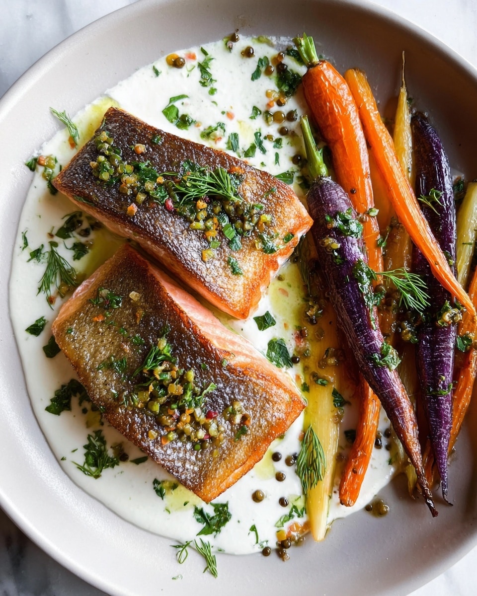 The dish shows two pieces of cooked salmon with crispy skin on top, laid over a thick white creamy sauce spread unevenly on a white plate. The salmon has a golden brown texture with green herbs and small whole mustard seeds scattered on it, adding color and texture. On the right side of the plate, there are colorful cooked carrots in shades of orange, purple, and pale yellow, arranged in a small bundle, also garnished with green herbs. The plate rests on a white marbled surface. photo taken with an iphone --ar 4:5 --v 7
