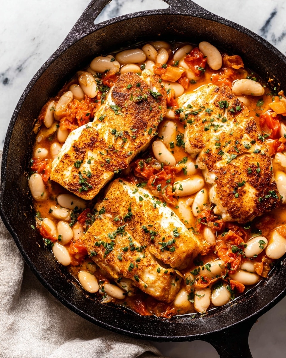 The image shows a black cast iron pan filled with a dish made of four pieces of cooked fish, lightly browned with a crispy texture, placed in the middle and right side of the pan. The fish is covered with a sauce that has small diced orange-red tomato pieces and green herbs. Surrounding and under the fish are many thick, white beans mixed into the sauce, which looks creamy and slightly oily. The whole dish is sprinkled with finely chopped green herbs, adding texture and color contrast. The pan rests on a white marbled surface with a soft cloth peeking from the bottom left corner. Photo taken with an iphone --ar 4:5 --v 7
