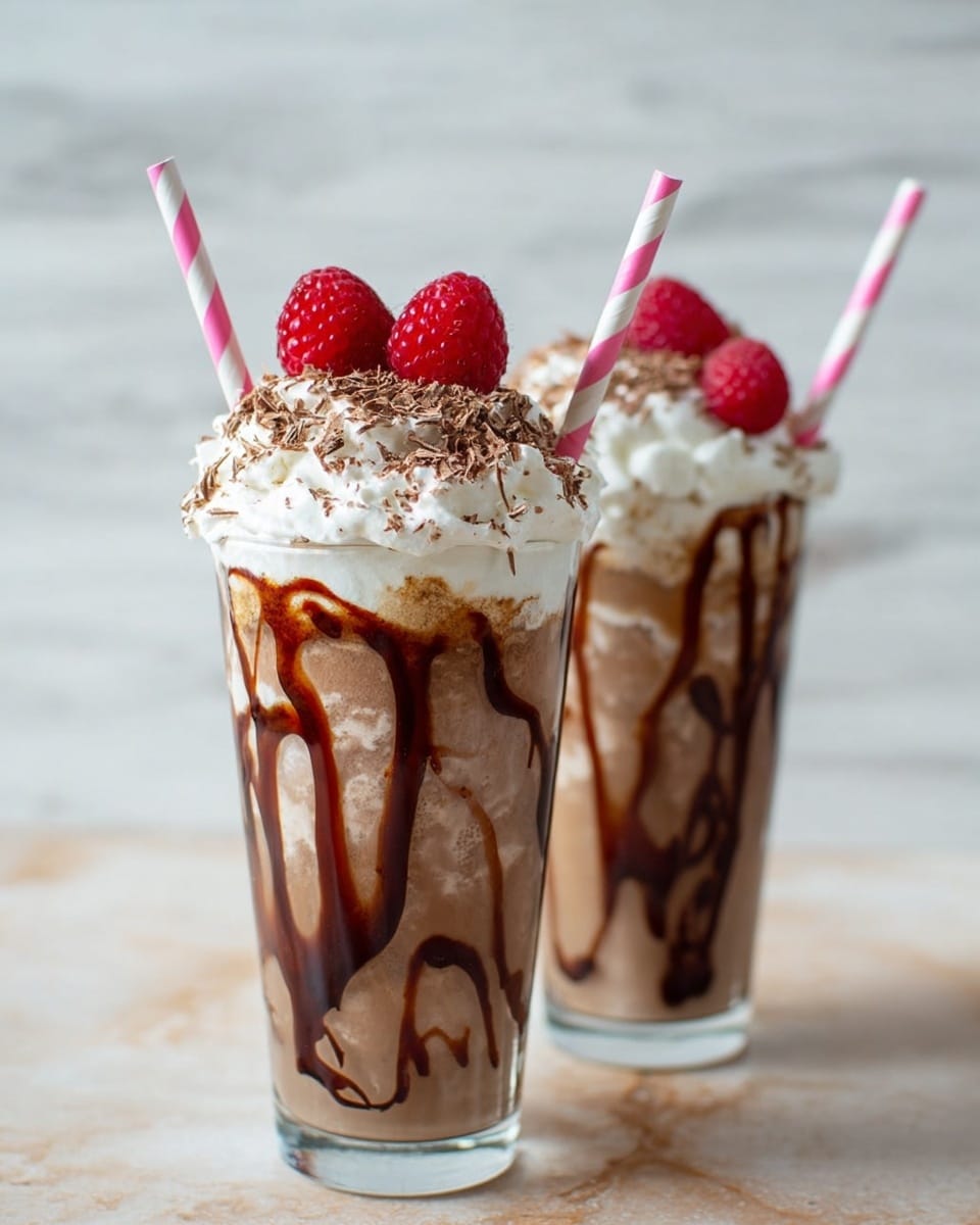 Two tall clear glasses each have a light brown milkshake inside with dark brown chocolate syrup dripping down the sides in swirly patterns. On top of each milkshake is a thick layer of white whipped cream with a dusting of fine brown chocolate shavings. Three bright red raspberries sit on the whipped cream of each glass. Both glasses have pink and white striped straws standing upright in the whipped cream. The background is a soft white marbled texture. Photo taken with an iphone --ar 4:5 --v 7