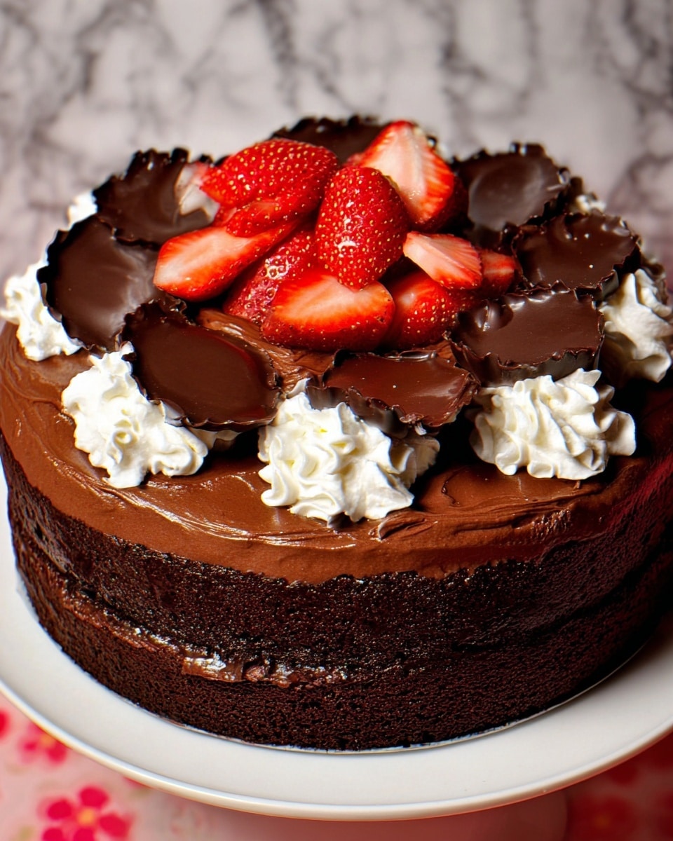 This image shows a rich chocolate cake with two thick dark brown layers. The top layer is covered with smooth chocolate frosting that has a shiny, slightly wavy texture. On the edge of the top, thick blobs of darker chocolate are spread unevenly. The center is decorated with bright red sliced strawberries arranged in a small pile. Around the base of the cake, there are five dollops of white whipped cream placed evenly. The cake sits on a white plate with a white marbled background. photo taken with an iphone --ar 4:5 --v 7