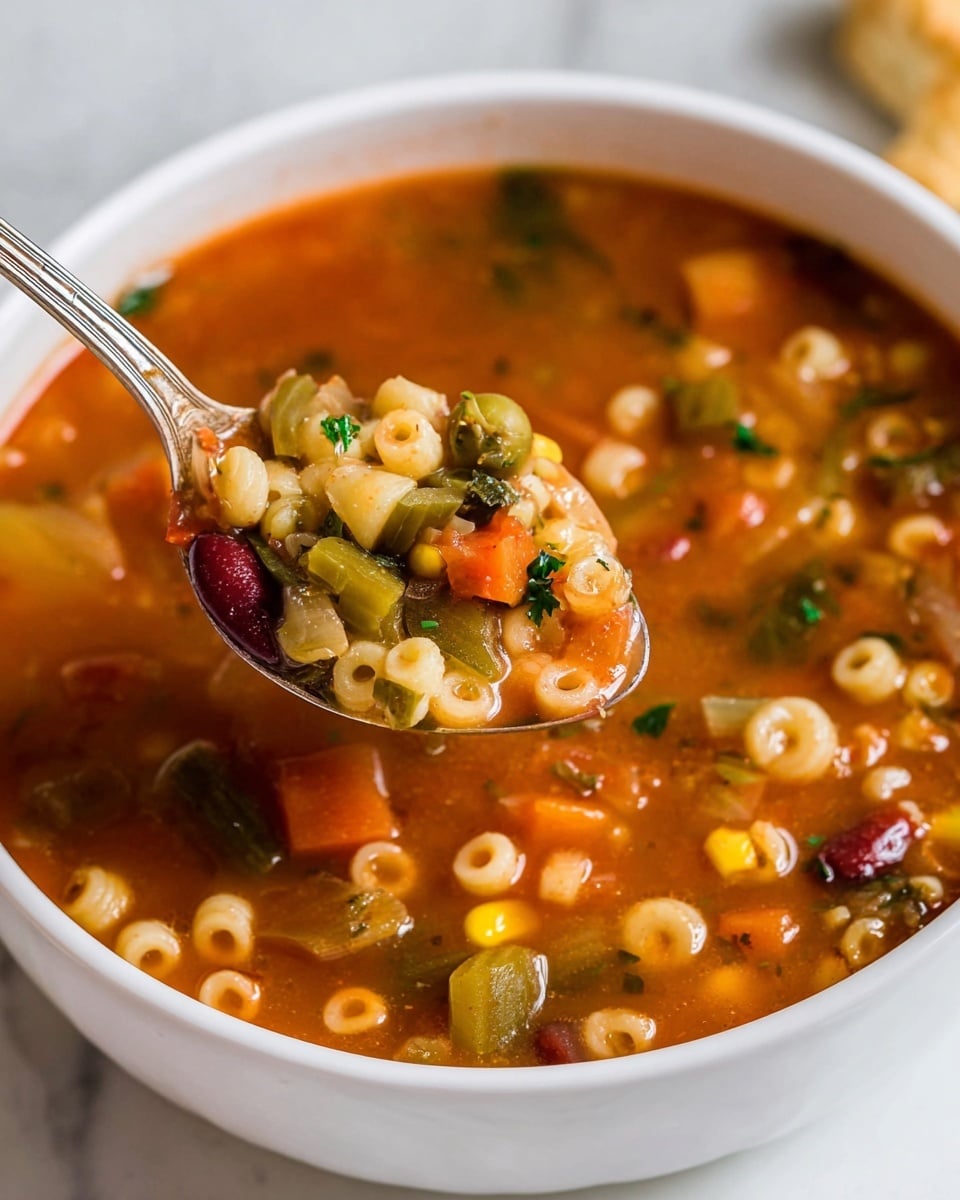 The image shows a white bowl filled with thick vegetable soup. The soup has a deep orange-red broth with visible mixed small round pasta, green beans, diced orange carrots, yellow corn kernels, and chunks of red kidney beans. There are small green peas and bits of leafy herbs scattered on top. A silver spoon is lifting some soup, displaying the mix of pasta and vegetables in the liquid. The bowl sits on a white marbled surface. Photo taken with an iphone --ar 4:5 --v 7