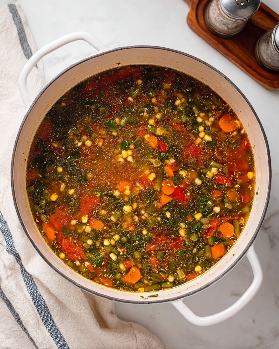 A large white pot filled with a colorful vegetable soup showing a mix of finely chopped carrots, corn kernels, green leafy vegetables, and small green beans in a clear broth mixed with red tomato pieces. The soup has a textured surface with visible herbs and vegetables floating evenly throughout. The pot rests on a white marbled surface with a folded light cloth with blue stripes partially visible at the bottom left, and a wooden tray with salt and pepper grinders in the top right corner. photo taken with an iphone --ar 4:5 --v 7