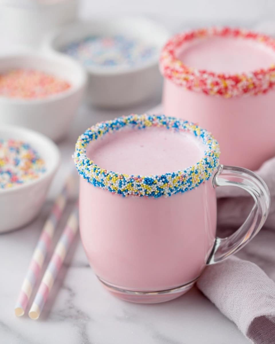 The image shows two clear glass mugs filled with a smooth, pastel pink drink. Each mug has a thick rim coated with colorful sugar sprinkles — the mug in the front has blue, yellow, and white sprinkles, while the one behind it has red sprinkles. The drinks are placed on a white marbled surface, with a light gray cloth softly folded beside them. In the background, there are small white bowls containing more sprinkles and a few pastel-striped paper straws lying next to the mugs. The photo taken with an iphone --ar 4:5 --v 7