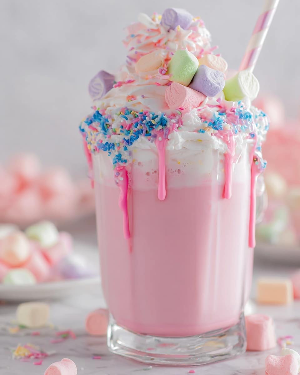 A tall clear glass filled with light pink milkshake with three layers: the bottom layer is smooth pink milkshake, the middle top rim layer is white whipped cream dripping down the glass with colorful blue, lavender, and white sprinkles covering the whipped cream edges, and the topmost layer is white whipped cream swirled with large marshmallows in pastel colors (pink, purple, and green), with vivid pink syrup dripping down the side, and a white and pink striped straw on the right side of the glass. The glass sits on a white marbled surface with more pastel marshmallows scattered around in the background, photo taken with an iphone --ar 4:5 --v 7