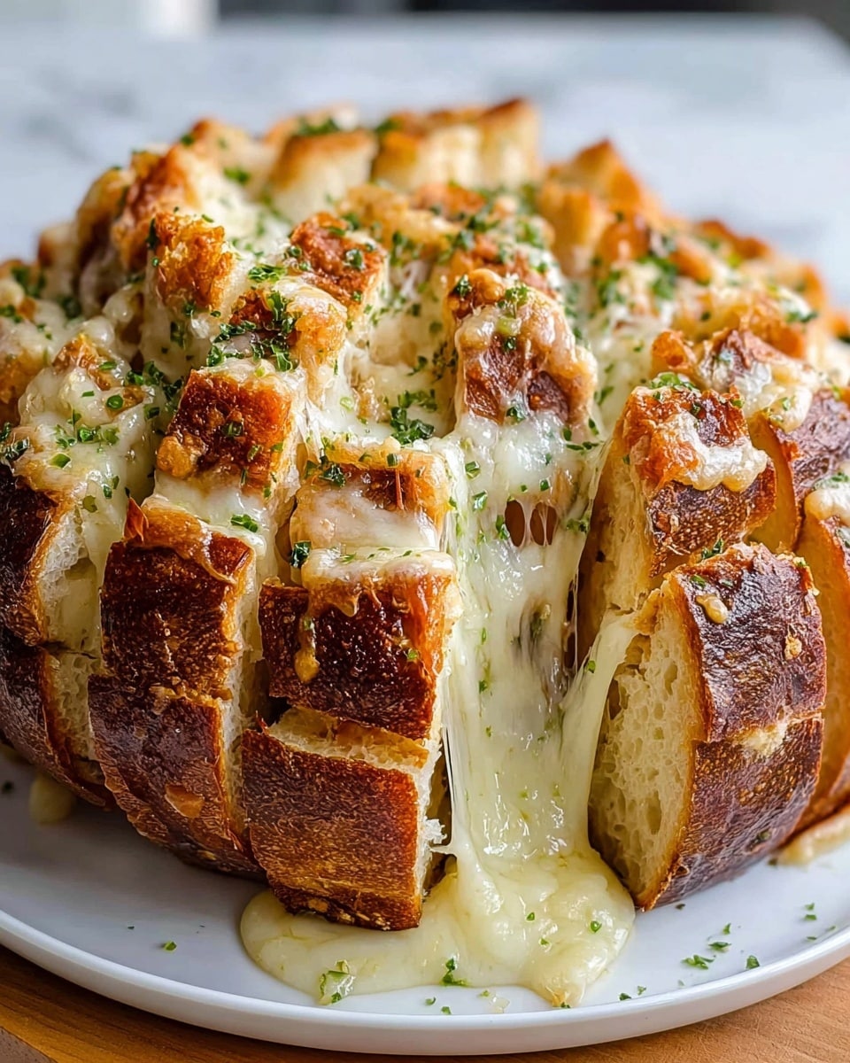 The image shows a round loaf of bread sliced almost all the way through into thick sections arranged upright in a white plate, with melted golden and white cheese oozing and stretching between the cuts. The crust is dark brown and crispy, while the inside of the bread is soft and light beige. The top of the cheese is slightly browned and bubbly, sprinkled with small green herb pieces. The plate rests on a white marbled surface. photo taken with an iphone --ar 4:5 --v 7