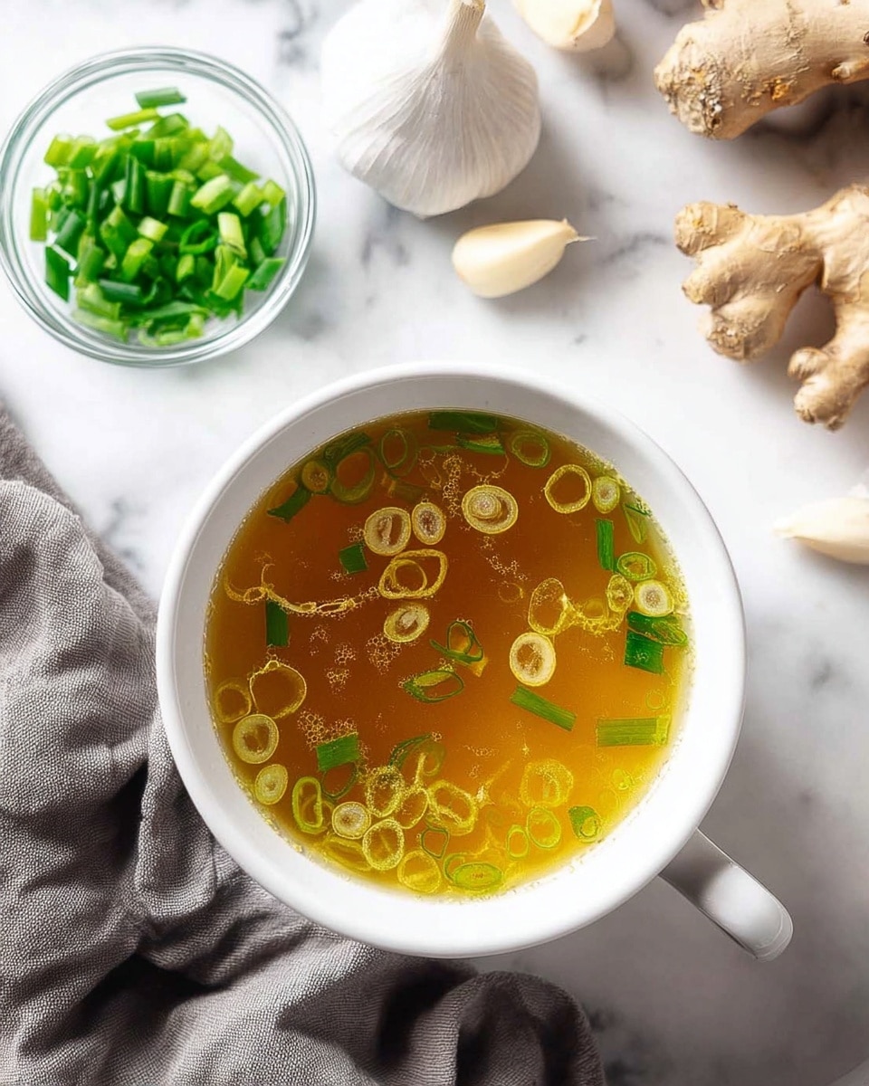 A white cup filled with clear golden broth, showing small rings of green onion floating throughout. The broth has light oil droplets on its surface and visible steam rising, indicating it is hot. Around the cup, on a white marbled surface, there are two garlic bulbs and a piece of ginger root to the upper right, a small glass bowl of chopped green onions to the left, and a gray cloth loosely placed on the right side. Photo taken with an iphone --ar 4:5 --v 7