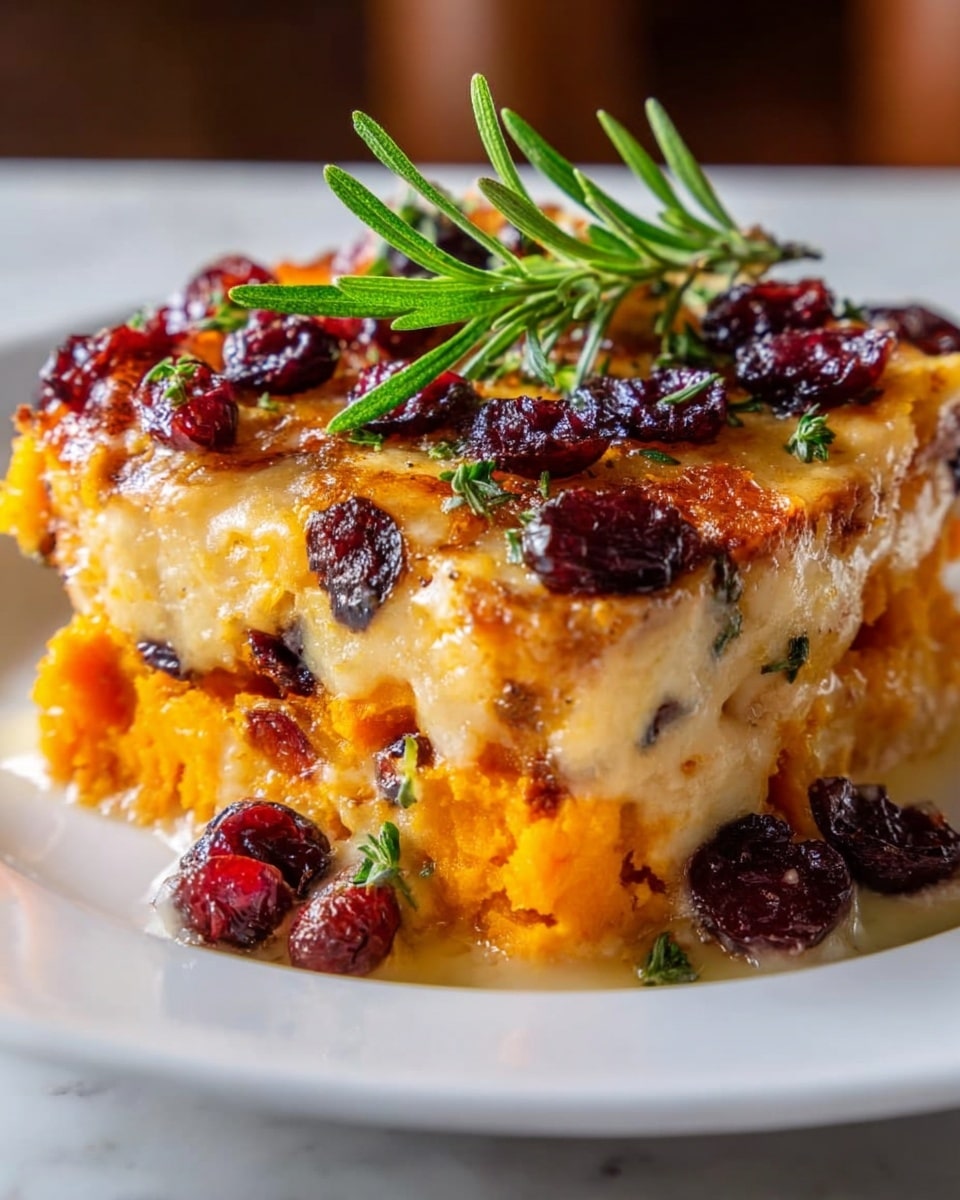 The image shows a close-up of a baked dish with two thick layers, placed on a white plate set against a white marbled surface. The bottom layer is bright orange with a soft texture, while the top layer is creamy and lightly browned with a golden crust. The top is scattered with dark red berries and finely chopped green herbs, with a sprig of fresh green rosemary placed on top as decoration. The melted creamy layer gently oozes over the sides, creating a rich and appetizing look. photo taken with an iphone --ar 4:5 --v 7