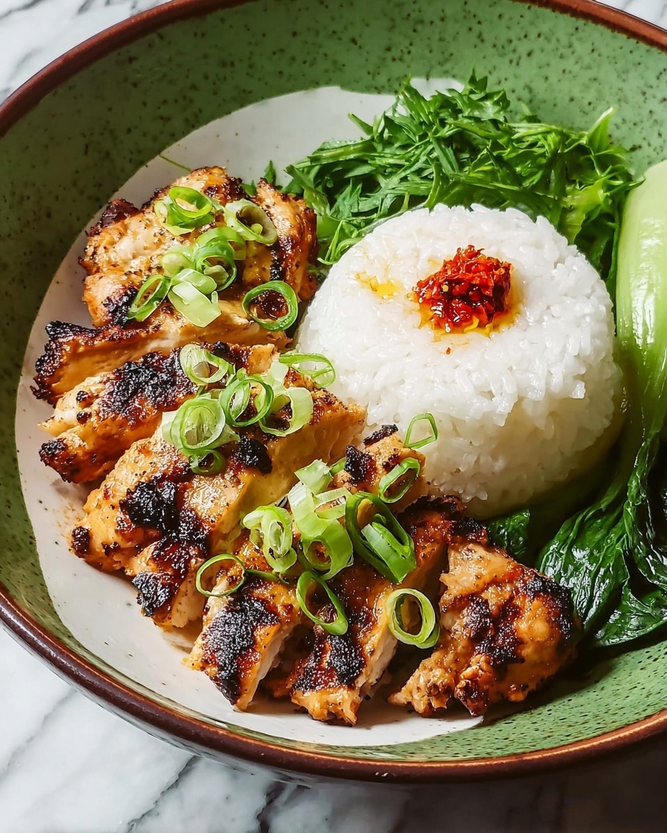 The dish is presented on a white bowl with a green inside and brown rim, sitting on a white marbled surface. There are three main layers: on the left, juicy grilled chicken pieces with a charred, golden brown texture, topped with thin slices of green onion scattered across; in the middle, vibrant green leafy vegetables with a fresh and slightly shiny texture placed under and around the chicken; on the right, a neatly shaped mound of white rice with a small inspired pool of sauce in the center topped by a small dollop of red chili paste, all arranged closely but distinctly. The photo taken with an iphone --ar 4:5 --v 7