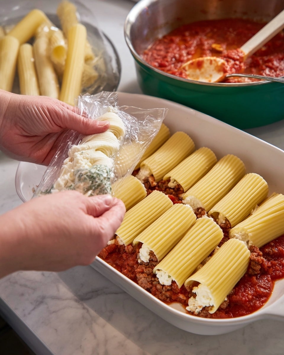 The image shows stuffed pasta tubes being filled with a creamy white cheese mixture from a clear plastic bag with herbs visible inside. The pasta tubes are pale yellow and ribbed, neatly lined in two rows inside a white baking dish. At the bottom of the baking dish is a layer of red tomato sauce with chunks of ground meat. In the background, there is a green pan filled with more red sauce and a shiny silver pot with a few pasta tubes visible. The scene is on a white marbled surface and a woman's hands are holding the pasta and piping the cheese mixture into them. Photo taken with an iphone --ar 4:5 --v 7