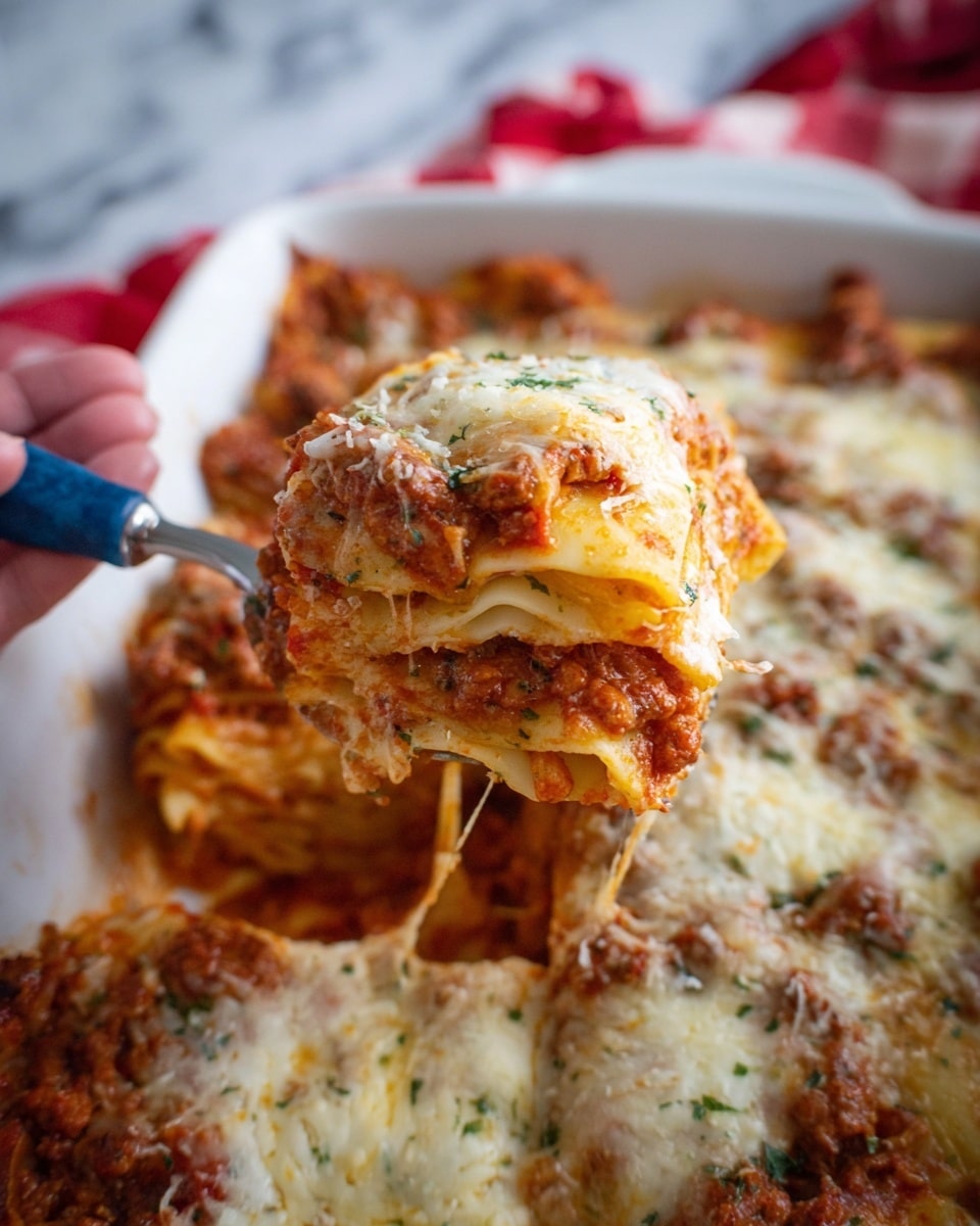 A close-up view shows a white rectangular baking dish filled with layered lasagna. The top layer has melted white cheese with light brown spots, showing bubbling and slight browning. Beneath, there is a thick reddish-brown meat and tomato sauce with small green herb pieces visible. Underneath the sauce, thick pale yellow pasta sheets are partly visible. A woman's hand holds a blue-handled fork lifting a square piece of lasagna with distinct layers of pasta, cheese, and sauce dripping slightly. The dish rests on a surface with a white marbled texture and a red and white checkered cloth is partly visible in the background photo taken with an iphone --ar 4:5 --v 7
