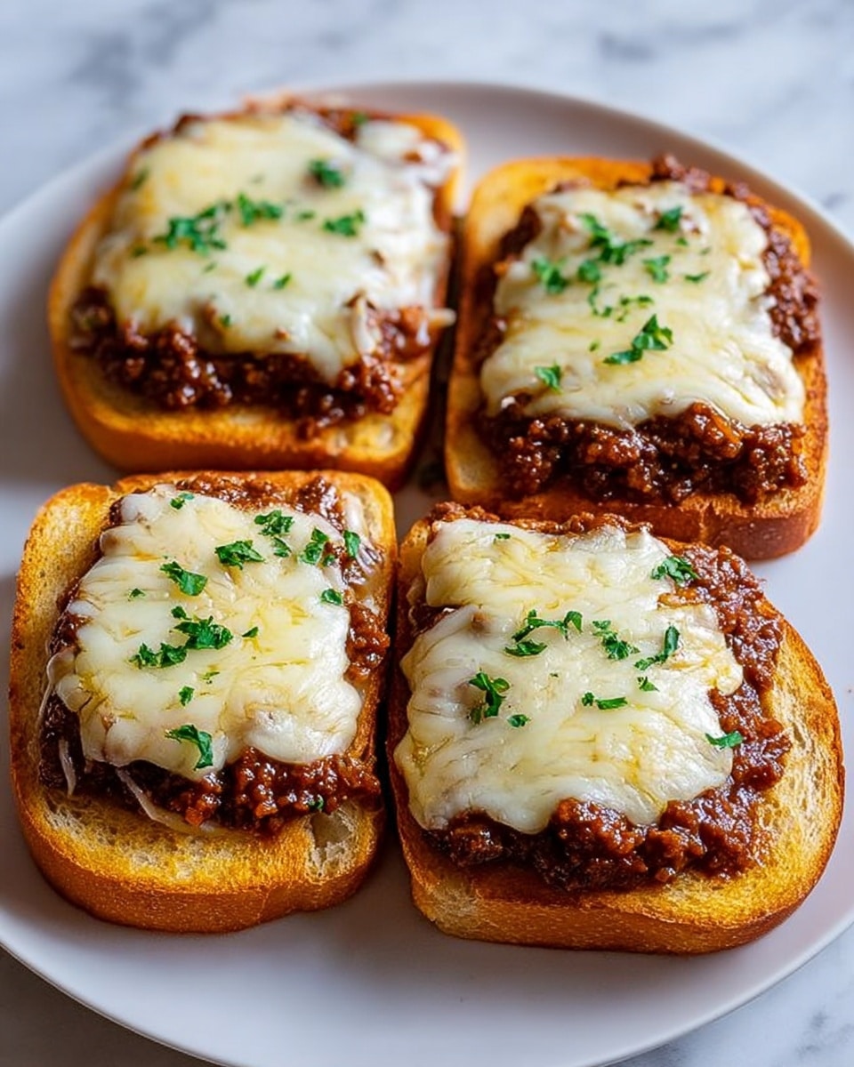 The image shows four toasted bread slices placed on a white plate on a white marbled surface. Each slice has three layers: the base is golden brown toasted bread, topped with a thick layer of dark brown minced meat sauce, and finished with a melted white cheese layer that covers the meat sauce. Small green herbs are sprinkled on top of each slice, adding a fresh touch. The cheese appears soft and slightly bubbly. The composition fills the plate evenly with a cozy and appetizing look. Photo taken with an iphone --ar 4:5 --v 7